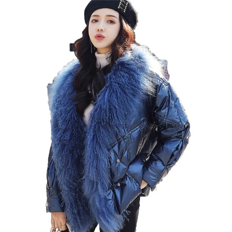 

Women Winter White Duck Down Jacket Long Sleeve Thick Warm Coat Female Silver Real Sheep Fur Collar Down Loose Outwear Parka Y01