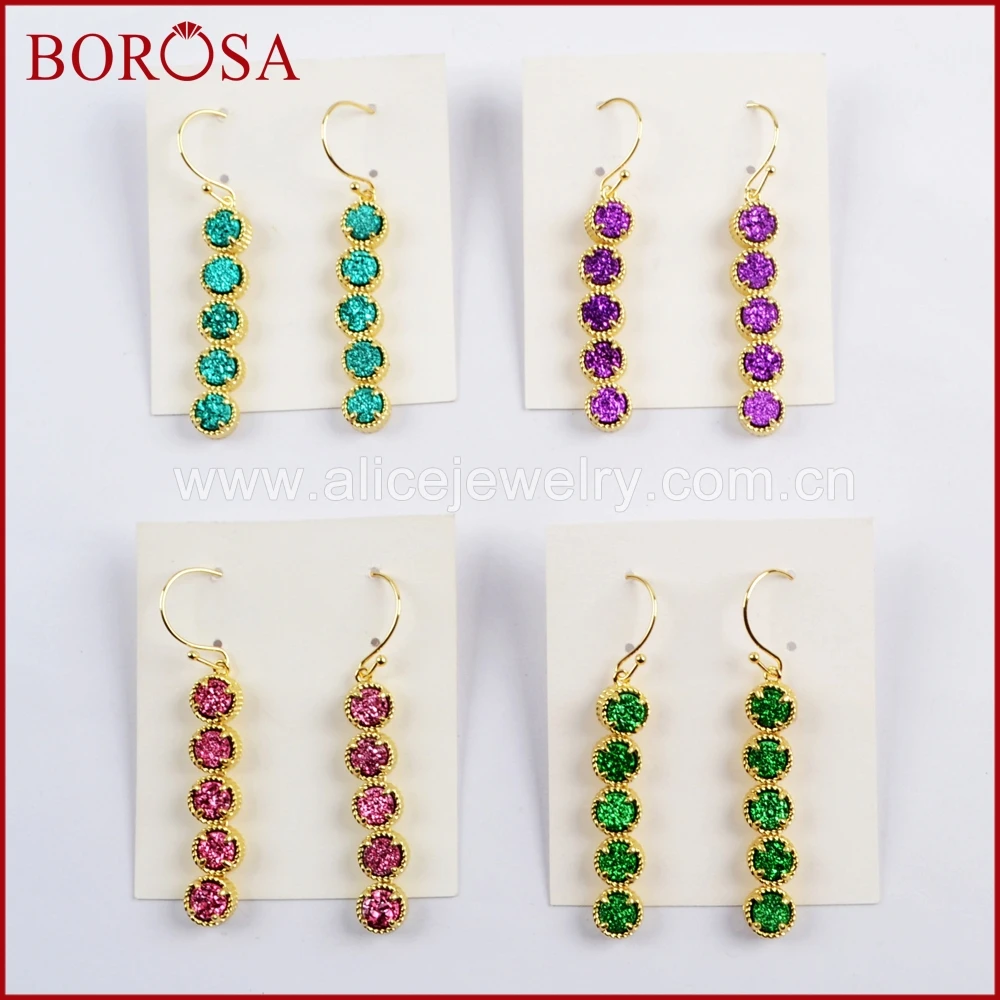 

BOROSA 3Pairs Gold Color Five Round Titanium Aqua Rainbow Druzy Earrings Fahsion Drop Earring for Women Lady ZG0350