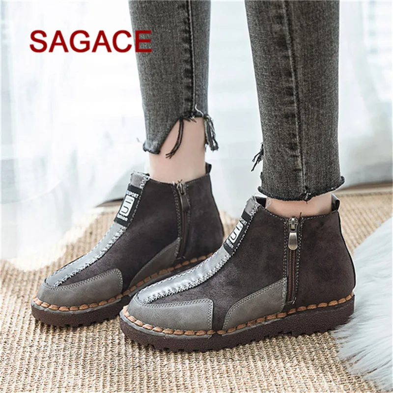 

GGHB@ Women Boots Flat Round Toe Suede Shoes Comfortable Soles Zipper Keep Warm Shoes