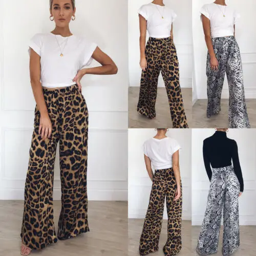

Spring Women's Palazzo Flared Wide Leg Pants High Waist Loose Culottes Sexy Fashion Leopard Snake Print Long Trousers Bottoms