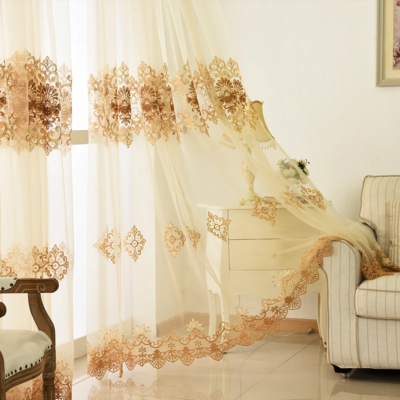 Luxury European Water Soluble Embroidery Sheer Curtain for Living room Tulle Bottom Gold Lacework Window Screen Custom WP160H