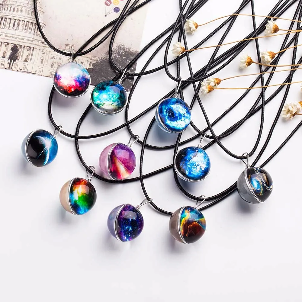 

AILEND 2018 Duplex Planet Crystal Stars Ball Glass Galaxy Pattern Leather Chain Pendants Maxi Necklace Galaxy Lovely Necklace