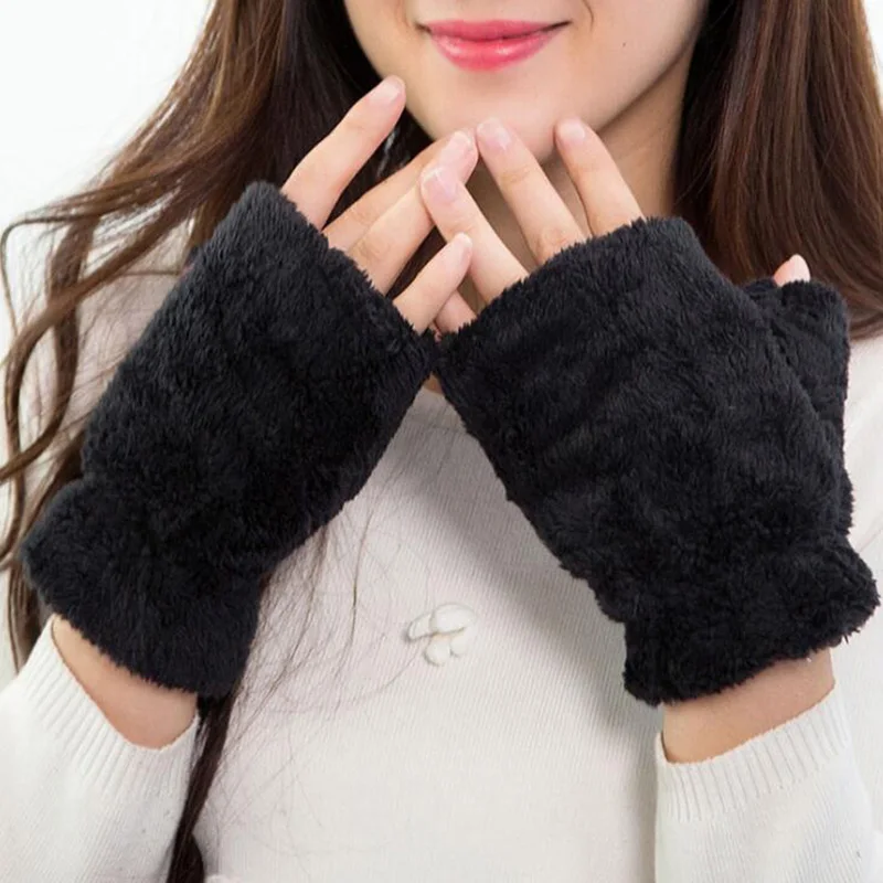 Милые плюшевые перчатки карамельного цвета с половинными пальцами Осень-Зима теплые двойные толстые компьютерный набор студенческие перчатки L93 - Цвет: Black