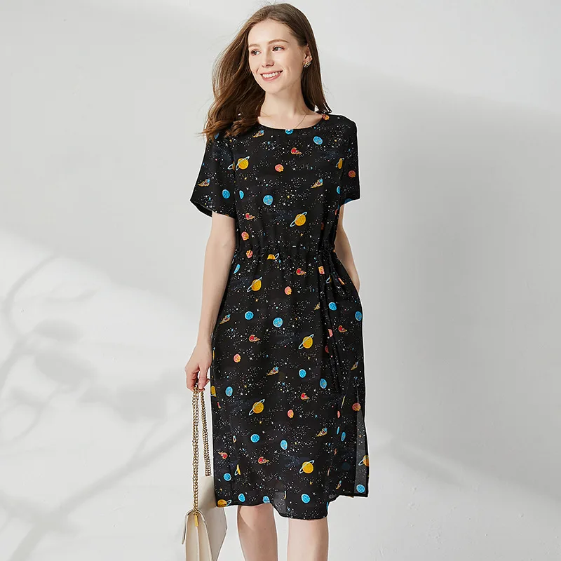 

Star Print Black Silk Dress Summer Midi Sparkly Dresses Casual Sukienka Women High Quality Glitter Dress Ladies Big Size Clothes