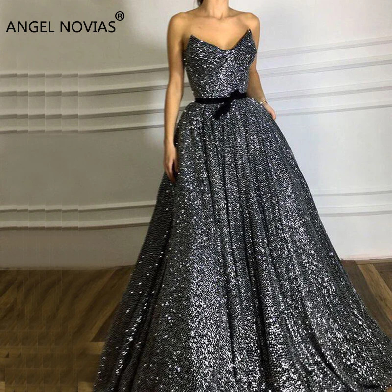 ANGEL NOVIAS Длинное Элегантное арабское вечернее платье-Кафтан Abendkleider с блестками 2018