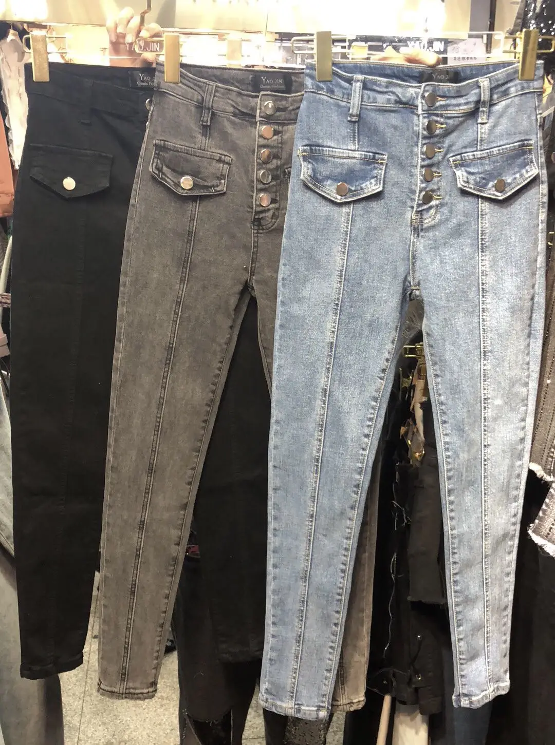 

2018 autumn and winter buckle female high waist slim slimming pencil pants