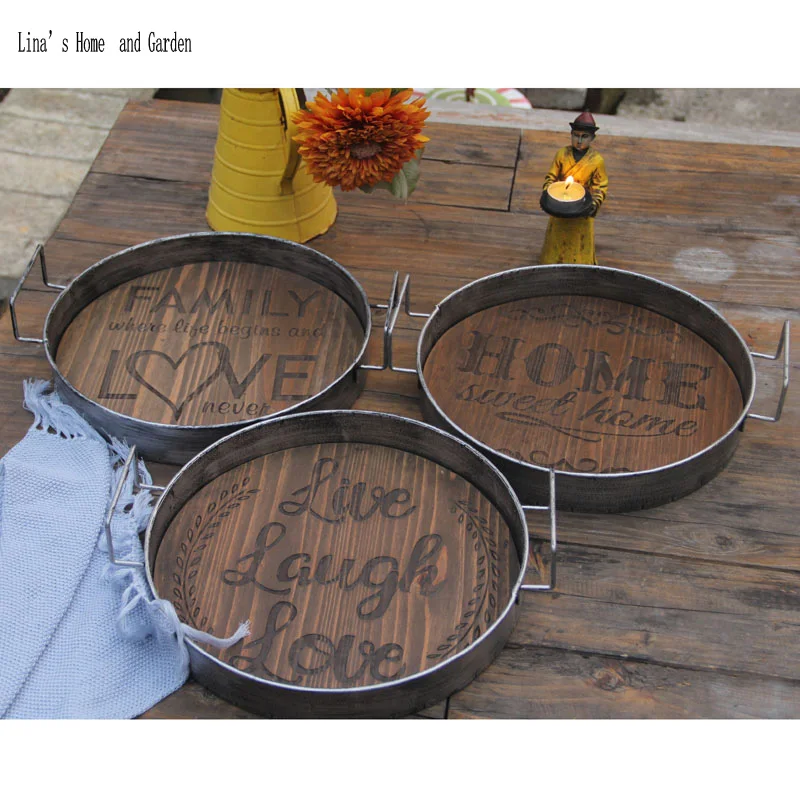 handmade zinc wood round antique serving tray with handle (2)