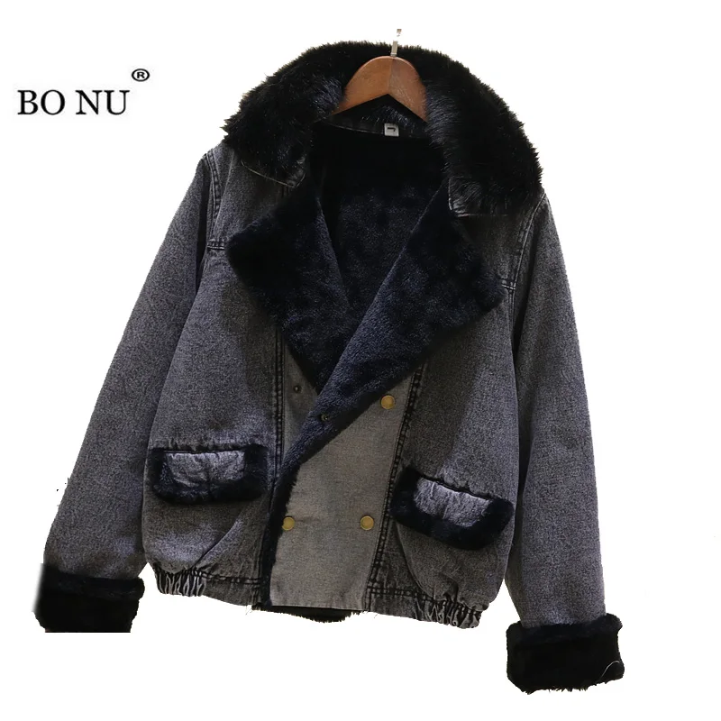 

BONU Lamb Fur Warm Double Breasted women coat winter Loose winter coat women winter jacket women Big Fur Hooded Denim Parka