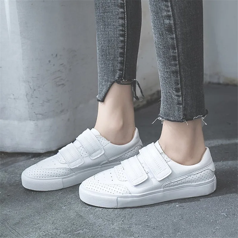 

Women Sneakers 2019 Spring Summer Fashion Women Shoes Woman PU leather Flat Hook & Loop Breathble Women Vulcanized Shoes