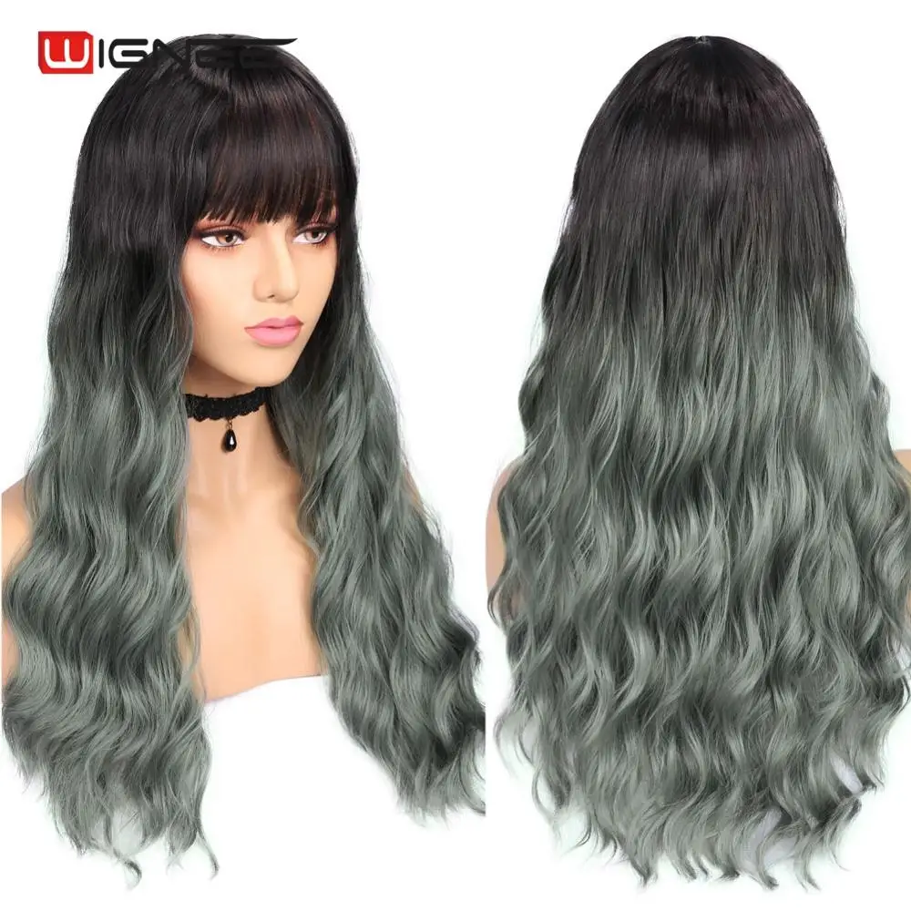 

Wignee High Density Natural Wave Synthetic Wigs for Women Long Curly Hair Mix Green/Grey Women Wig with Bangs Natural Hair Wigs