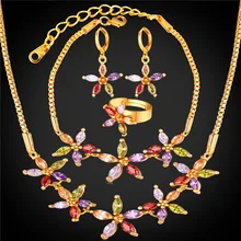 ЦИРКОНИЕВЫЕ Кристальные украшения из цветов браслет, серьги, кольцо Ожерелье Набор Женский Золотой/Серебряный цвет свадебный ювелирный набор NEHR252