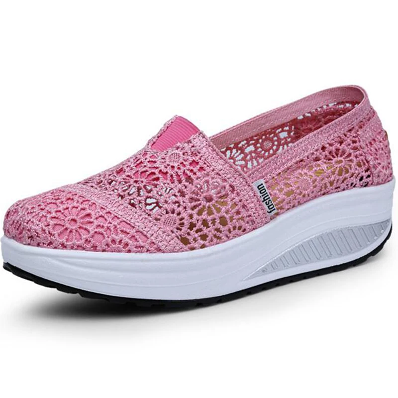 

Summer Women Shoes Casual Cutouts Lace Canvas Wedges Shoes Hollow Floral Breathable Platform Flat With Shoes feminino