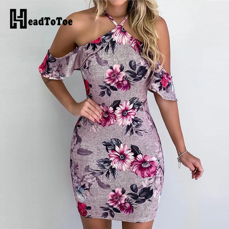 

Floral Print Cold Off Shoulder Women Summer Bodycon Dress Female Skinny Fit Ruffle Halter Mini Dresses Casual Vestidos 2019