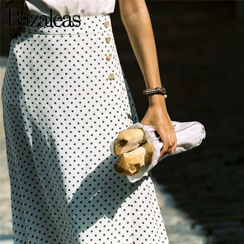 

Bazaleas Vintage wrap midi skirt Women High Waist Skirts Chic Green Dot print skirts Side waist buttons drop shipping