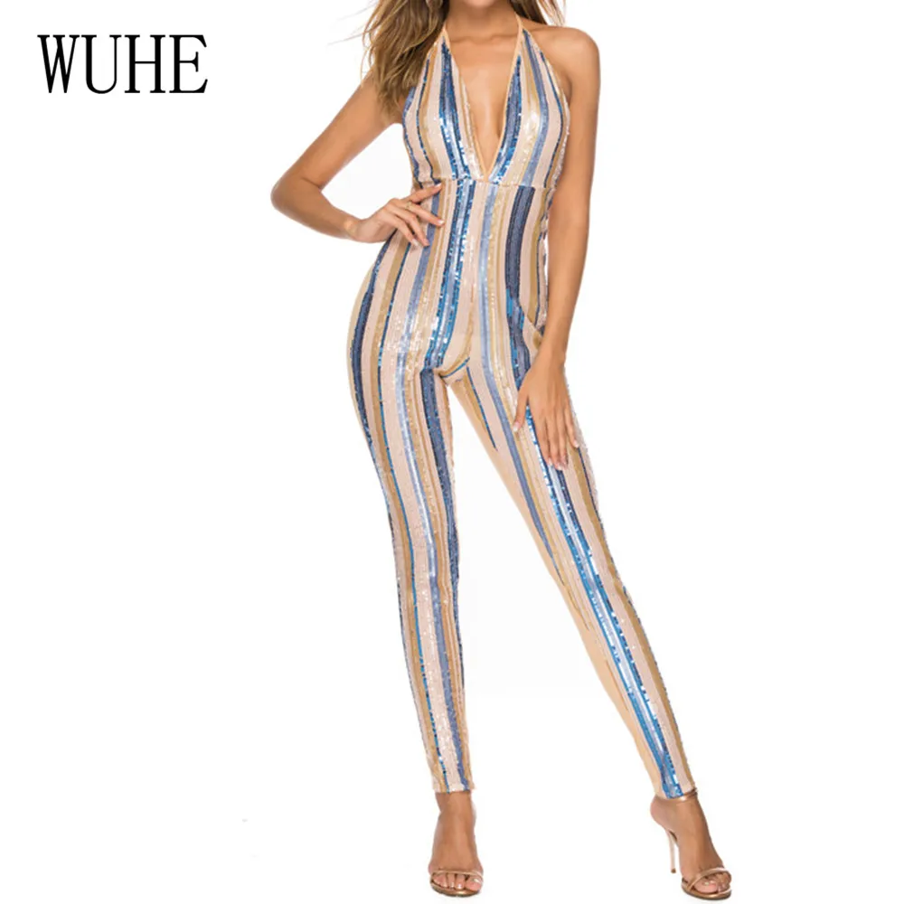 

WUHE Women's Color Striped Sequins Strapless Backless Skinny Jumpsuits New Arrival Sleeveless Summer Reflective Occasion Wear