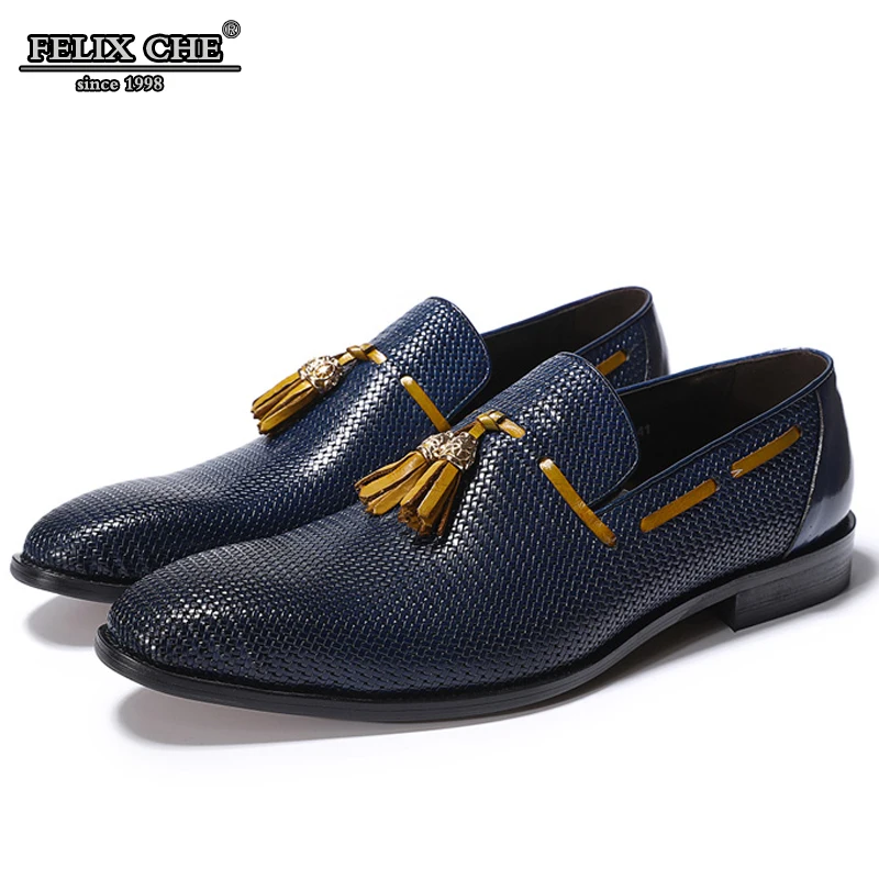 

LUXURY GENUINE LEATHER BLACK BLUE WOVEN PRINTS LEATHER SHOES MEN DRESS WEDDING SHOE SLIP ON POINTED TOE TASSEL LOAFER WORK SHOES