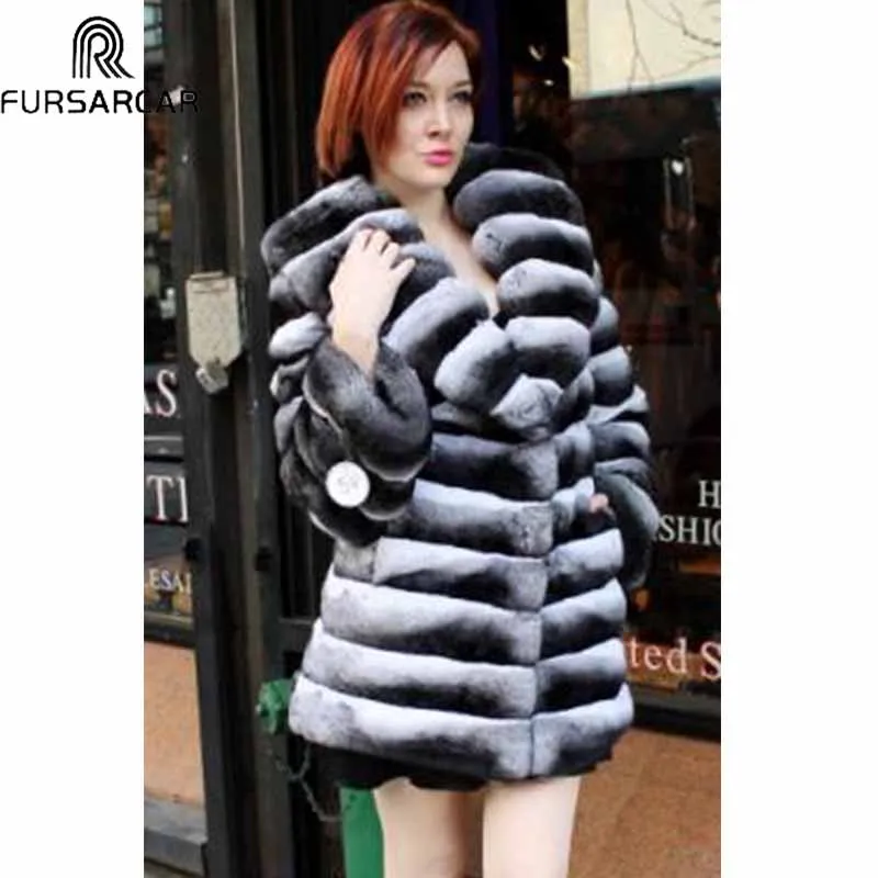 

FURSARCAR 2018 New Women Natural Rex Rabbit Fur Jacket Winter Real Fur Coat Fashion Luxury Turn-Down Natural Fur Collar