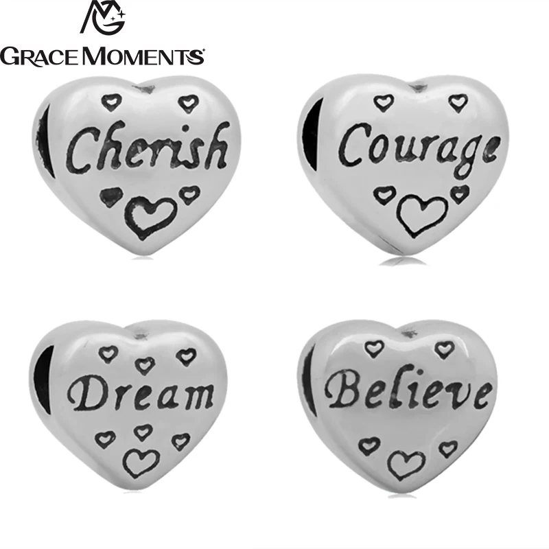 

5pcs/Lot Stainless Steel Heart Courage Believe Peace Big Holes Beads Spacer Fit European Charm Bracelets For DIY Jewelry Making