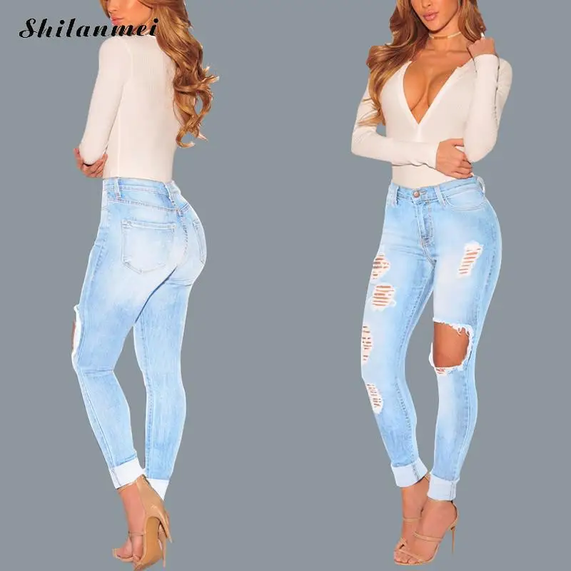 Summer Women Jeans Ripped Holes Fashion Mid Waist Famale