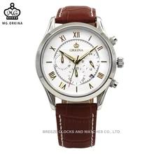 Relogios ORKINA Чехол кожаный ремешок из нержавеющей стали хронограф автоматическая функция даты Мужские часы кварцевые часы