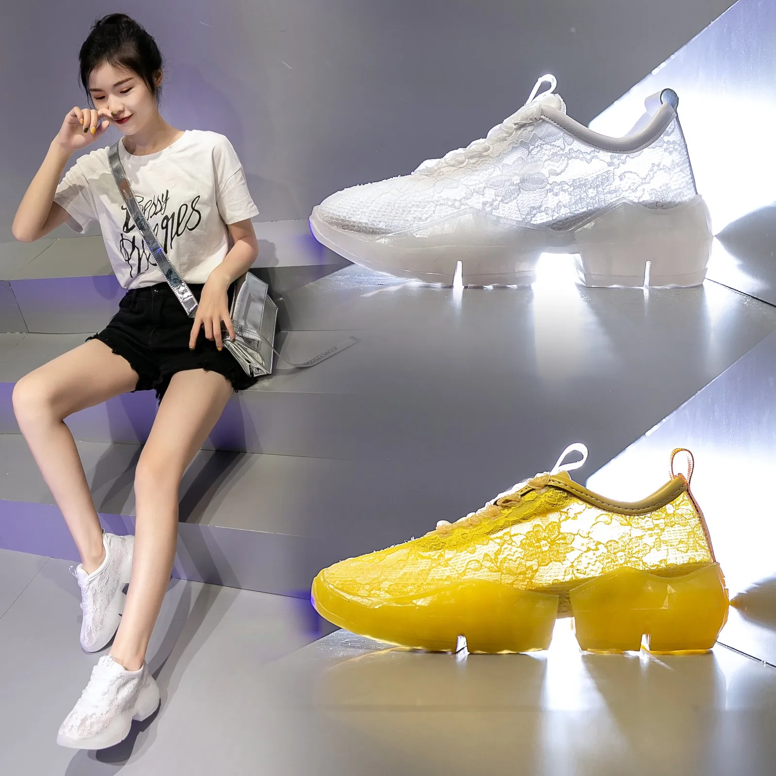 

Summer Women Chunky Sneakers Harajuku Casual Dad Shoes Platform Sneakers Transparent Jelly Sole Breathable Lace White Sneakers