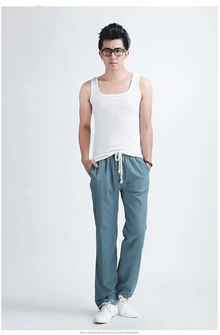 Высокое качество, летние хлопковые льняные повседневные штаны для мужчин, одноцветные тонкие дышащие спортивные штаны для бега, большие размеры, M-5XL прямые брюки - Цвет: Jean Blue