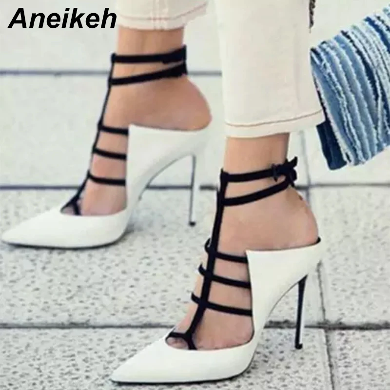 

Aneikeh Thin Heels Newest Lady Sexy Cut-outs Pointed Toe Ankle Strap Sandals Woman Mixed Color Slingback Shoes High Heels