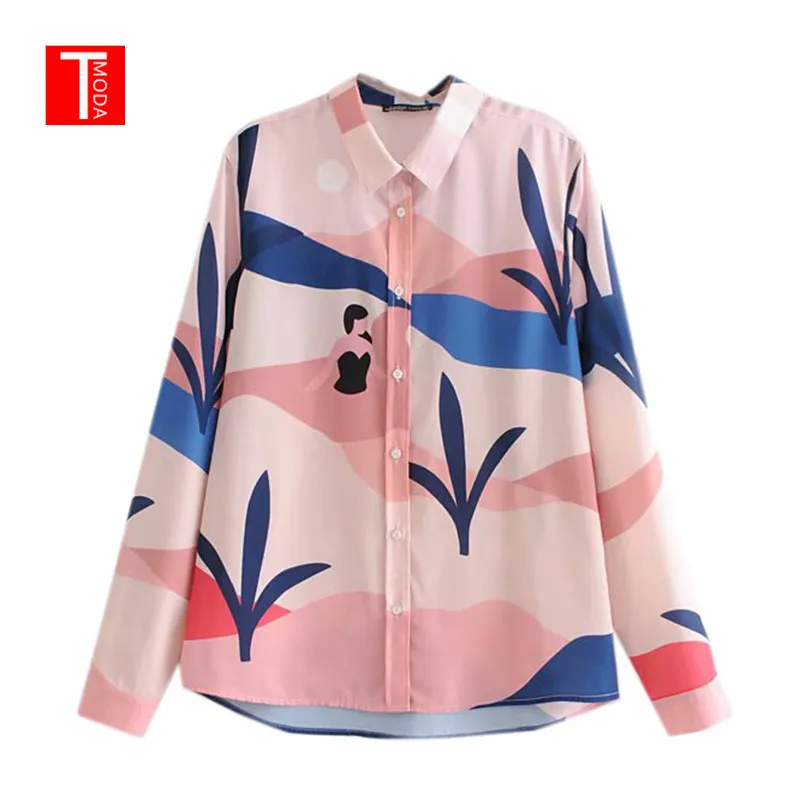 

2018 Autumn Geometric Lady Print Elegant Ladies Office Shirt Fashion Women Tops Casual Long Sleeve Shirts Blusas Femininas