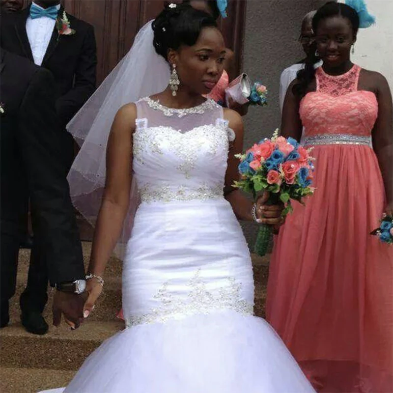 

Fansmile 2019 New African Mermaid Wedding Dresses Pleated Lace Wedding Gowns Plus Size Customized Bridal Dress FSM-596M