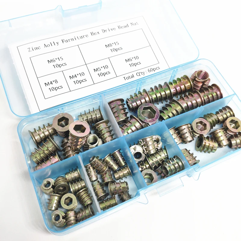 50 шт. M4 M5 M6 M8 резьба из цинкового сплава для деревянной гайки фланец Шестигранная головка мебельные гайки ассортимент комплекта