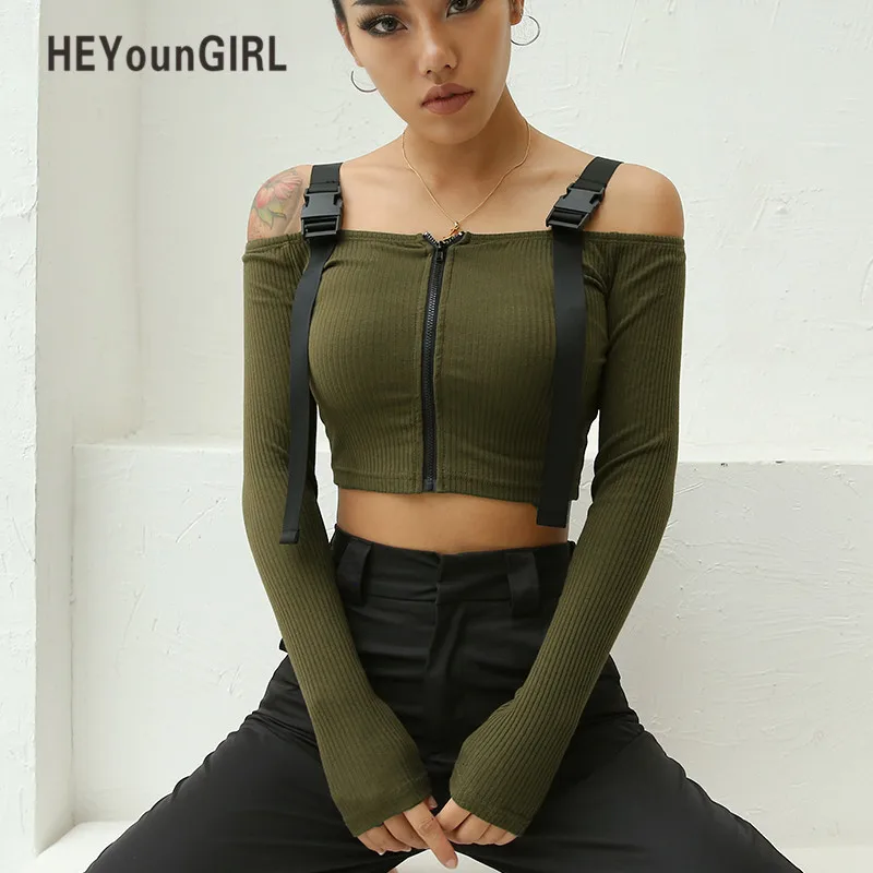 

HEYounGIRL Harajuku Off Shoulder T Shirt Womens Strap Casual Tshirts Cotton Women Long Sleeve Crop Top Punk Korean T-shirt Lady