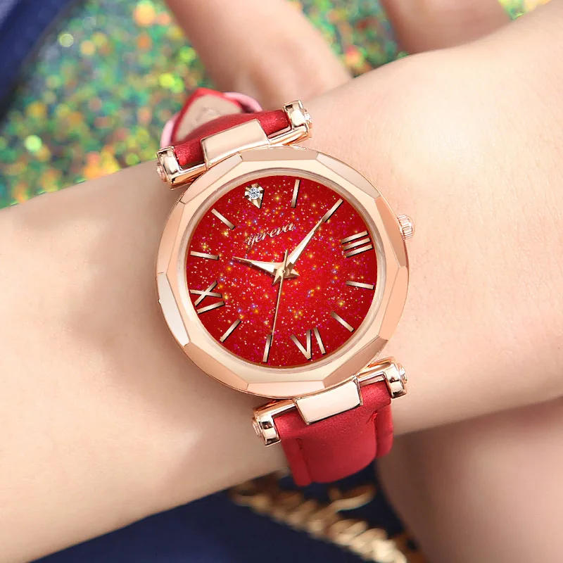 

Women Casual Quartz Watch Round Star Dial Wrist Watch with Perforated Frosted Strap NGD88