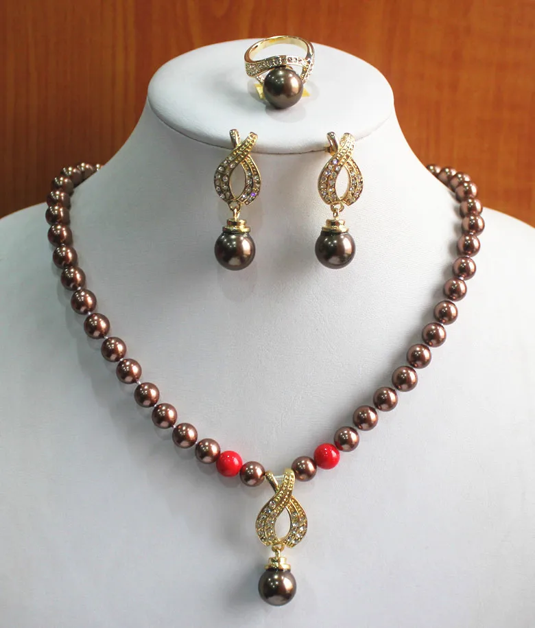 

engagement! Wholesale Women's 8mm coffee and red pearl Necklace earring ring(7/8/9) jewelry set #245 5.31