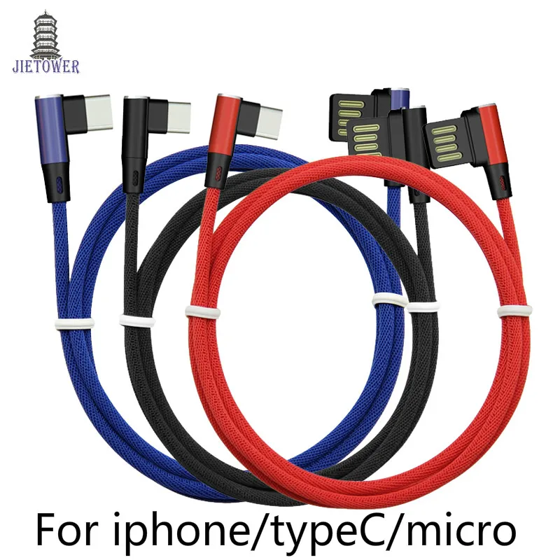 300 шт./лот Micro USB/Type C кабель для передачи данных 1 м L 90 градусов 2A плетеный шнур