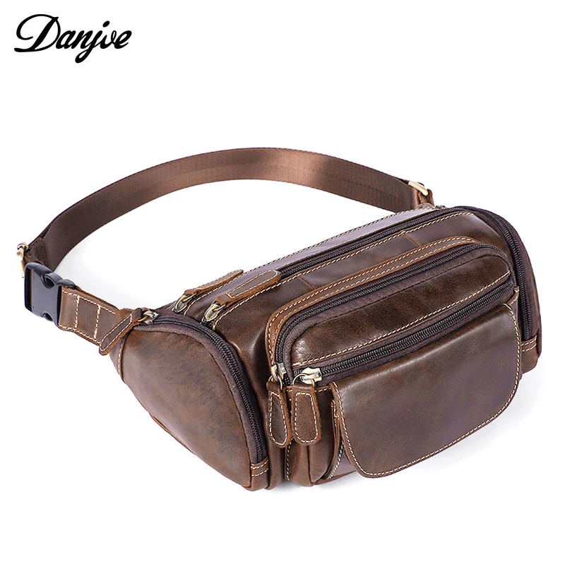 Fashion Genuine Leather Men's Belt Bag Fanny Pack Multiple Pocket Waist Bags Casual Travel Real