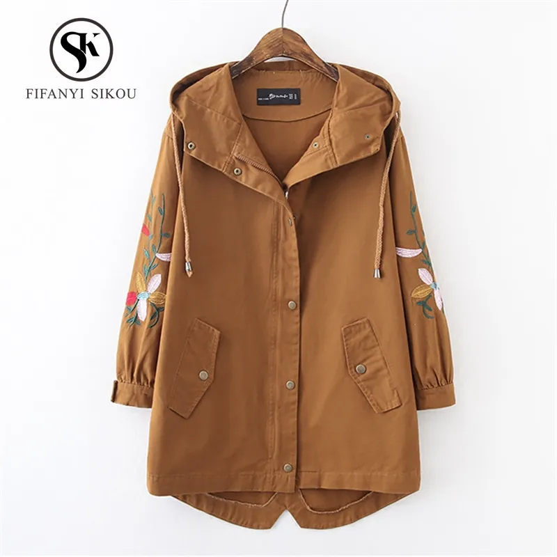 

Spring Hooded Trench coat women Fashion Embroidery Zipper Long Windbreaker coat Loose Plus size XL-4XL Lady Casual Outerwear