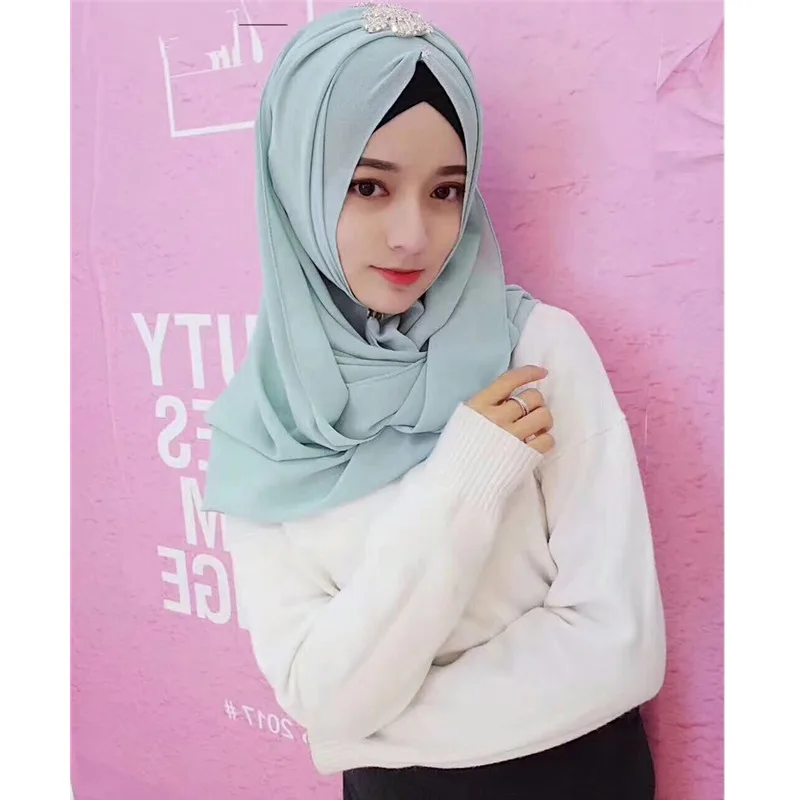 Модный Мусульманский Исламский шифон для женщин и девушек, стразы, удобный хиджаб, исламский головной убор, шарф, шаль# FB333 - Цвет: Light Blue