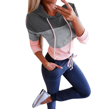 

Autumn Winter Color Patchwork Long Sleeve Loose Women Hoodies Female Sexy Casual All-match Streetwear Hooded Sweatshirt SJ3485U