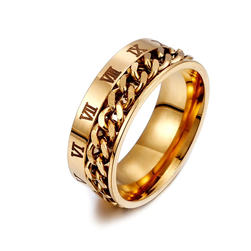 

Men's 8MM Rock Ring Stainless Steel Rotating Chain Ring Roman Digital Band Silver Gold Black Men's Jewelry Anel Aneis