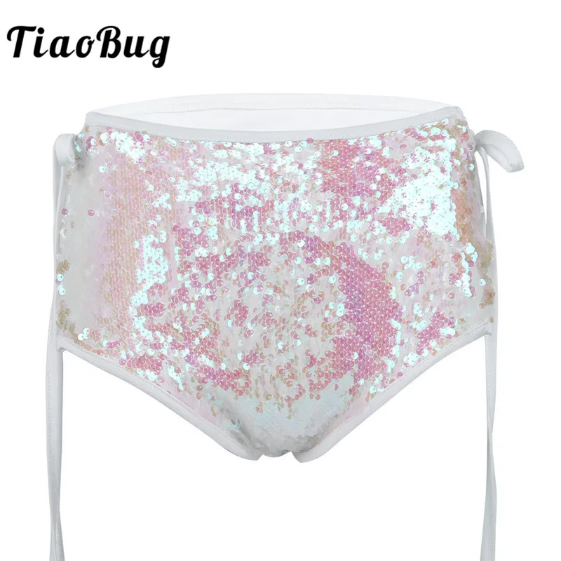 

TiaoBug Women Shiny Sequins Club Party Festival Rave Stage Dance Costume High Waist Beachwear Fashion Shorts Sexy Booty Shorts