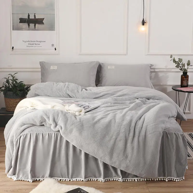 

Winter Fleece Girls Gray Pink Bedding Set Queen King size Bed set Duvet cover Bed skirt cover Pillowcase posciel linge de lit