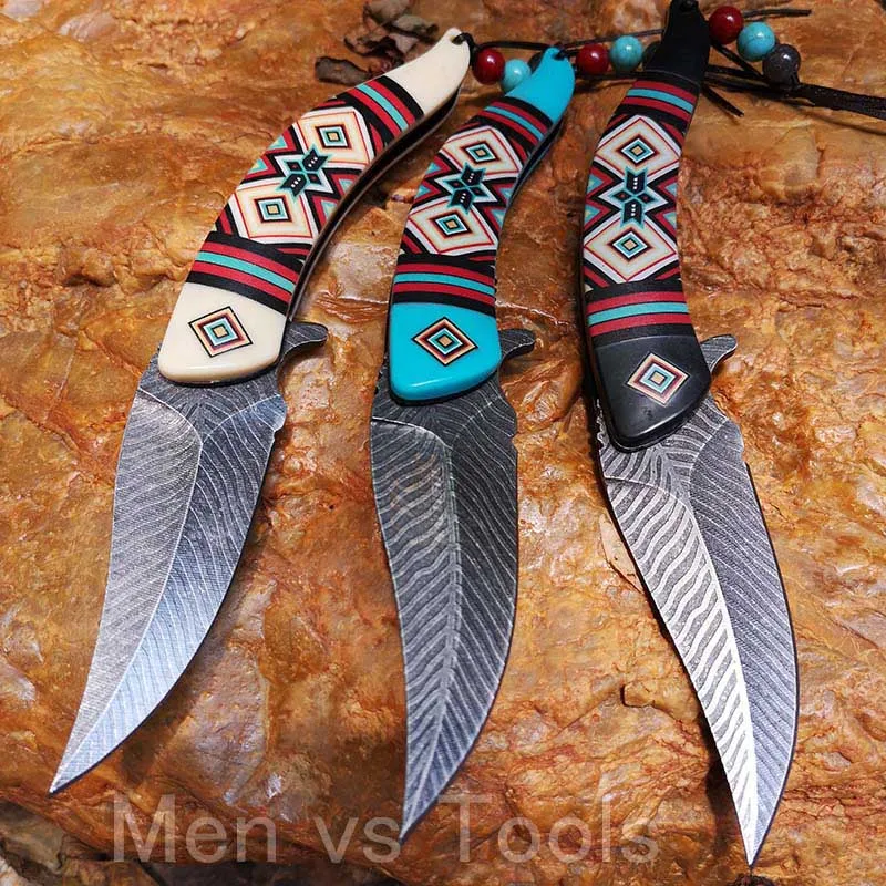 Местный нож, тактические складные карманные ножи, дамасский стиль, перо, нож для выживания, спасательный нож, инструменты для сбора