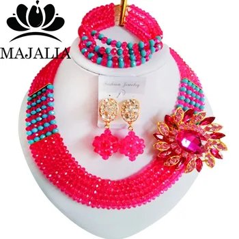 

Majalia Fashion Nigeria Wedding African Beads Jewelry Set Hot pink and Aqua blue Crystal Necklace Bridal Jewelry Sets 5XC013