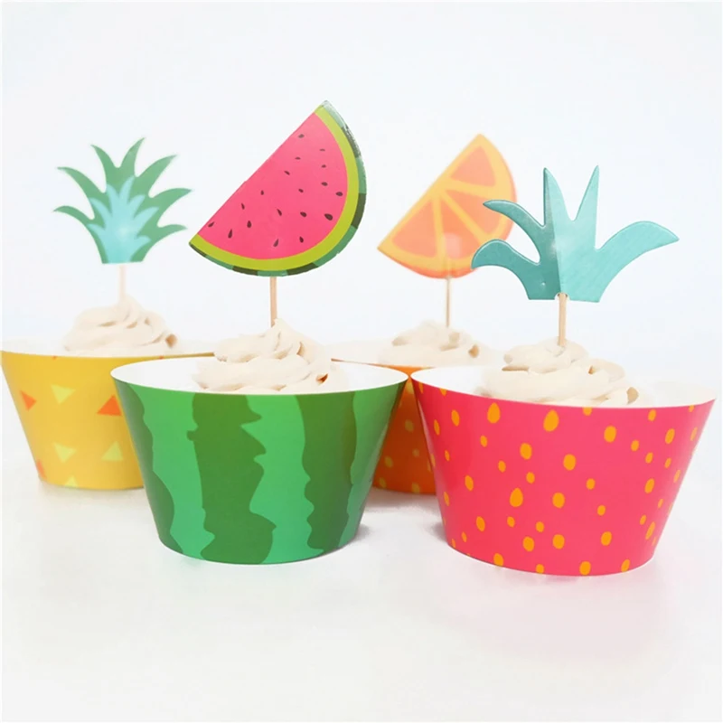 

24 Pcs Fruit Theme Decoration Happy Baby Shower Watermelon Cake Toppers Orange Cupcake Wrappers Birthday Events Party Supplies