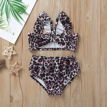 

Baby Girl High Waist Leopard Printed Swimming Bikini Costume Swimwear Ruffles 2PC Bandeau Swimsuit