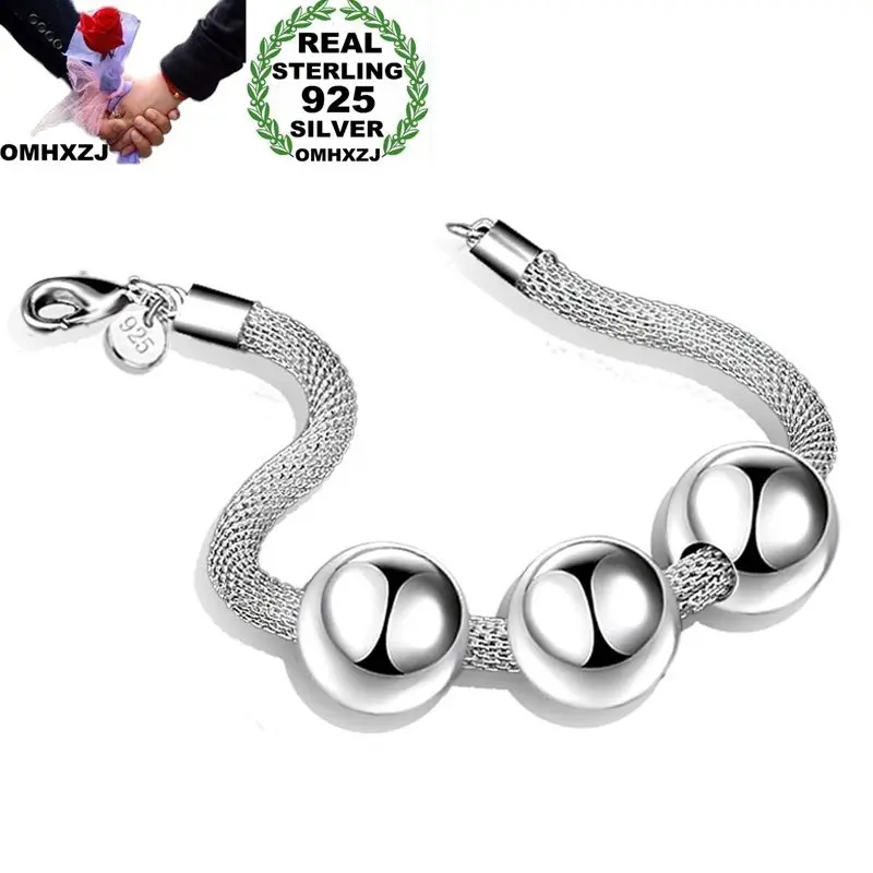 

OMHXZJ Wholesale Personality Fashion OL Woman Girl Party Wedding Gift Silver Three Beads 925 Sterling Silver Bracelet BR22