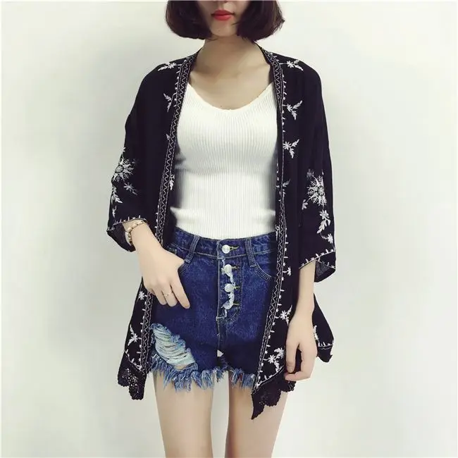 

Cheshanf Embroidery Kimono Cardigan Women Casual Loose Vintage Cardigan Ladies Girls White Black Red Summer Cardigan