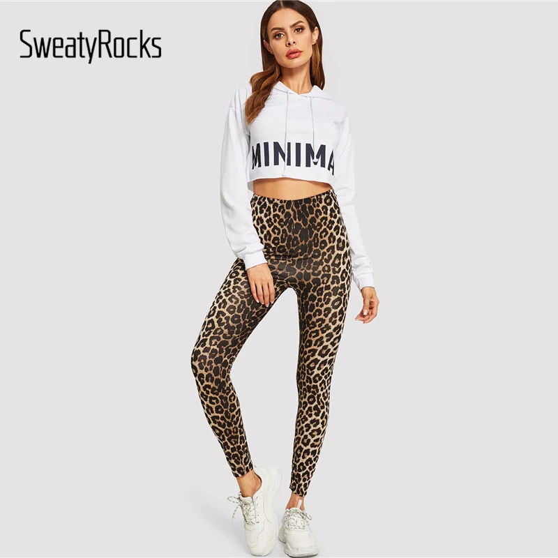 SweatyRocks عالية الخصر ليوبارد طباعة طماق نشط ارتداء النساء اللياقة البدنية نحيل طماق 2019 الربيع الأزياء Athleisure طماق