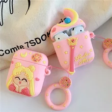 Чехол для наушников с Bluetooth для Airpods 2, аксессуары, защитный чехол, Сумка с кольцом для защиты от потери, милый мультяшный силиконовый 3D Сейлор Мун