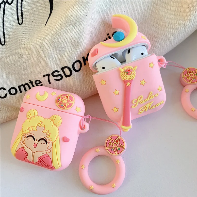 

Bluetooth Earphone Case for Airpods 2 Accessories Protective Cover Bag Anti-lost ring Strap Cute Cartoon Silicone 3D Sailor Moon